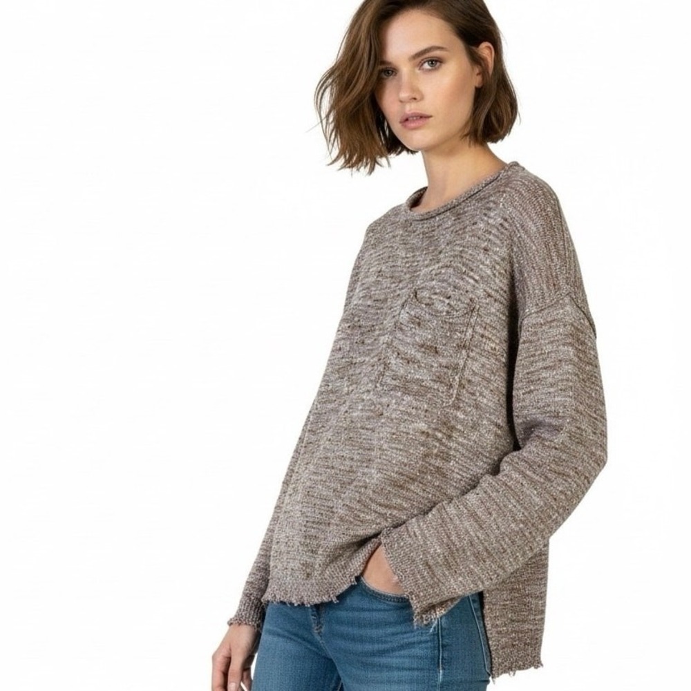 She + Sky Space Dye Knit Sweater Marl Pullover Brown Boho Distressed Size L